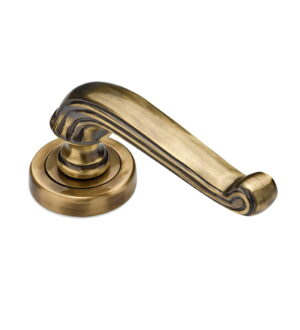 Gemini on Round Rose Antique   Brass Door Lever Handle Classic on Rose