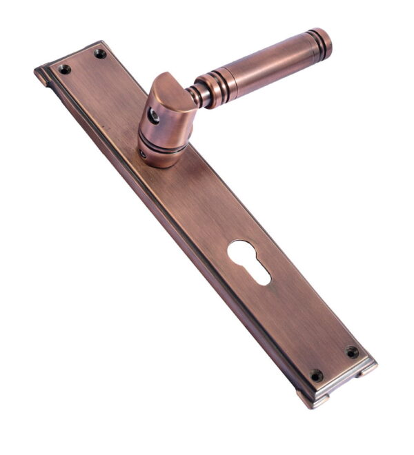 Crescent Antique Copper Matt Brass Door Lever Handle Contemporary on Plate