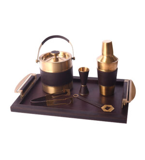 Bar Tray Set Dark Brown  Brass
