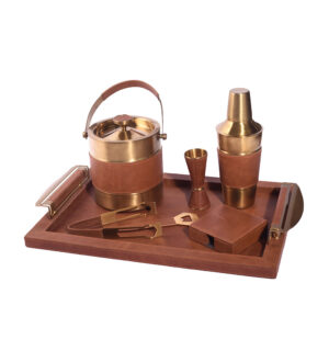 Bar Tray Set Tan/PVD Gold Brass